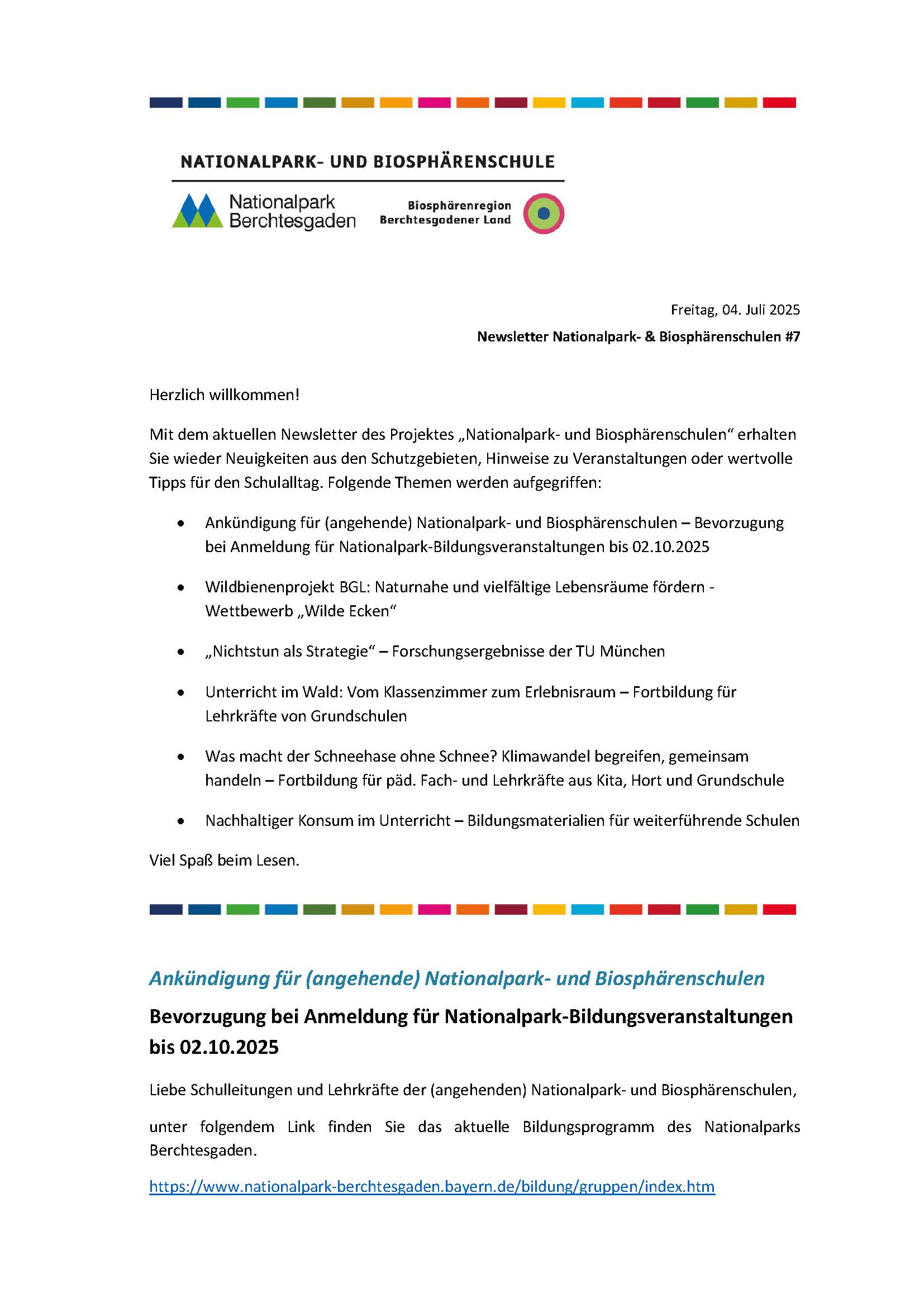 7. Newsletter des Nationalparks Berchtesgaden und der Biosphärenregion Berchtesgadener Land
