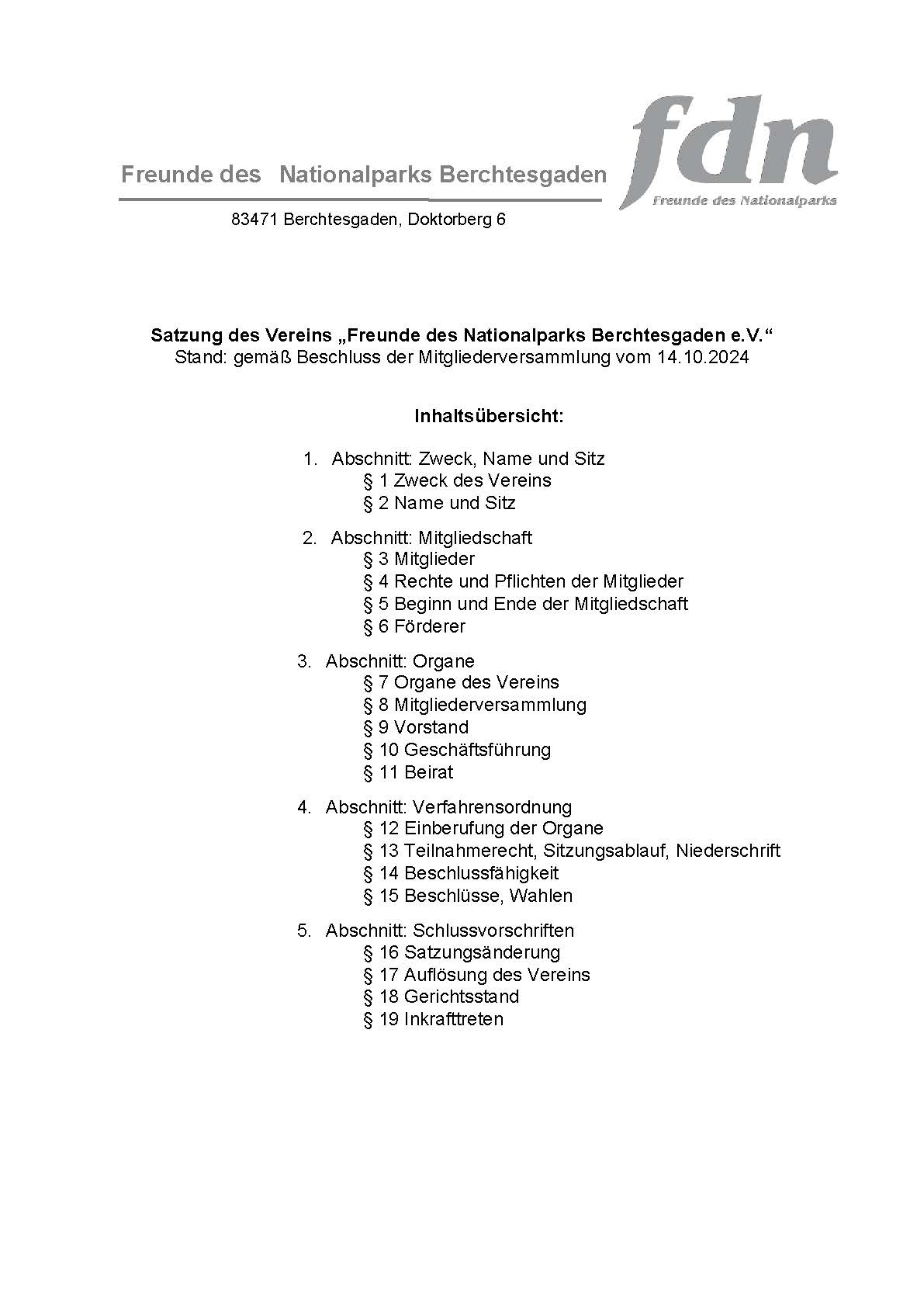 Satzung des Vereins der Freunde des Nationalparks e.V.